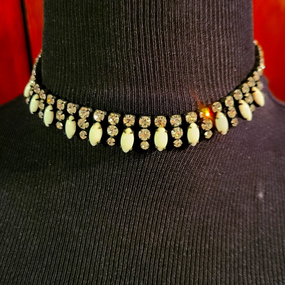 Vintage rhinestone necklace with white plastic beads